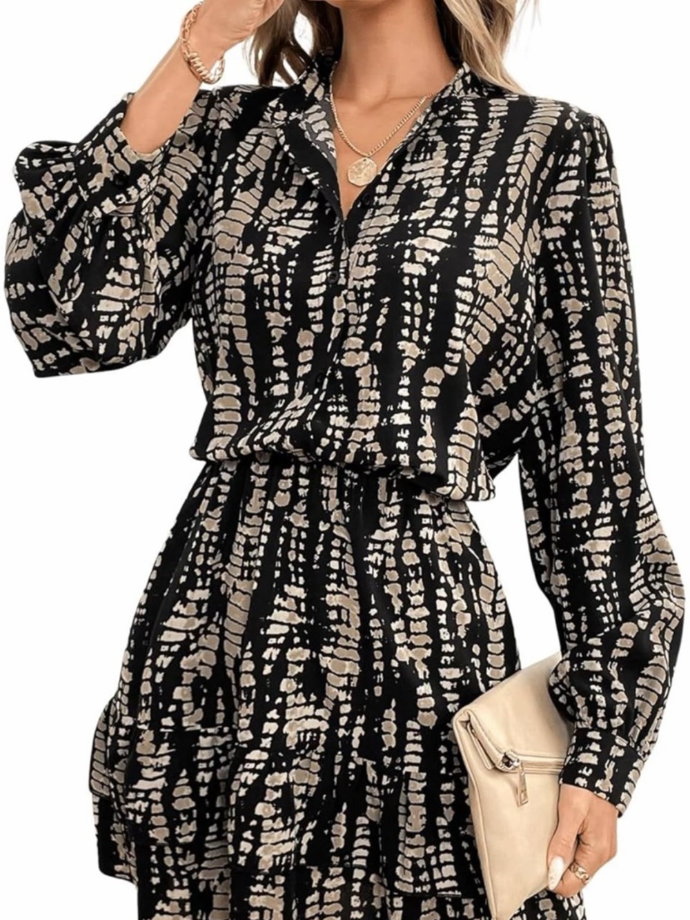 Black & Beige Printed Long Sleeve Tiered Dress